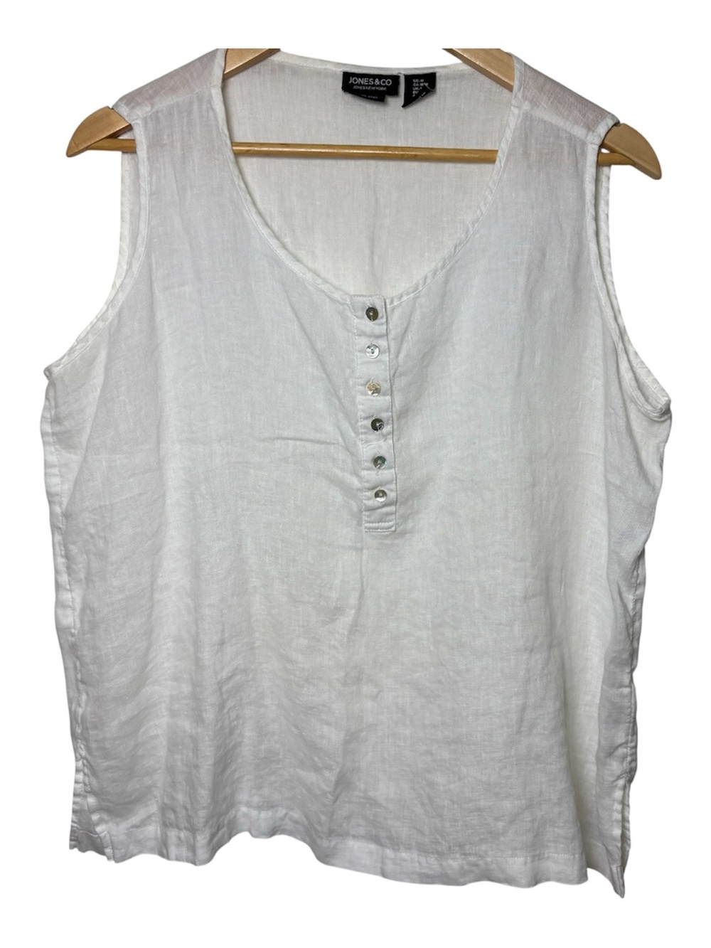 Jones & Co Blouse Top Women Medium 100% Linen White Sleeveless Lagenlook Lagom